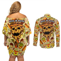 Skull Pizza Pattern Couples Matching Off Shoulder Short Dress and Long Sleeve Button Shirts Rest in pizza - Wonder Print Shop