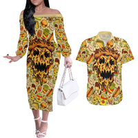 Skull Pizza Pattern Couples Matching Off The Shoulder Long Sleeve Dress and Hawaiian Shirt Rest in pizza - Wonder Print Shop