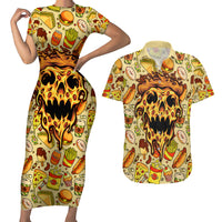 Skull Pizza Pattern Couples Matching Short Sleeve Bodycon Dress and Hawaiian Shirt Rest in pizza - Wonder Print Shop