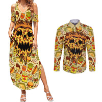 Skull Pizza Pattern Couples Matching Summer Maxi Dress and Long Sleeve Button Shirts Rest in pizza - Wonder Print Shop