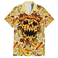Hawaiian shirt with short sleeves, button-front, light-yellow pizza skull flame pattern