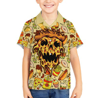 Kids' Hawaiian shirt, short sleeves, button-front, multicolor pizza skull flame graphic