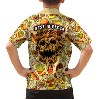 Kids' Hawaiian shirt back with REST IN PIZZA text and pizza skull flame graphic