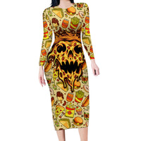 Skull Pizza Pattern Long Sleeve Bodycon Dress Rest in pizza - Wonder Print Shop