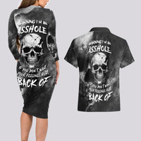 Skull Grunge Pattern Couples Matching Long Sleeve Bodycon Dress and Hawaiian Shirt Warning I'm an Asshole - Wonder Print Shop