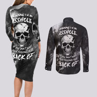 Skull Grunge Pattern Couples Matching Long Sleeve Bodycon Dress and Long Sleeve Button Shirts Warning I'm an Asshole - Wonder Print Shop