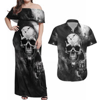 Skull Grunge Pattern Couples Matching Off Shoulder Maxi Dress and Hawaiian Shirt Warning I'm an Asshole - Wonder Print Shop