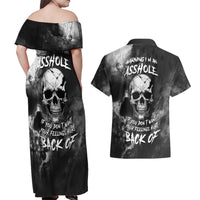 Skull Grunge Pattern Couples Matching Off Shoulder Maxi Dress and Hawaiian Shirt Warning I'm an Asshole - Wonder Print Shop