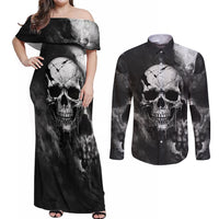 Skull Grunge Pattern Couples Matching Off Shoulder Maxi Dress and Long Sleeve Button Shirts Warning I'm an Asshole - Wonder Print Shop