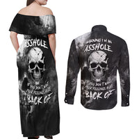 Skull Grunge Pattern Couples Matching Off Shoulder Maxi Dress and Long Sleeve Button Shirts Warning I'm an Asshole - Wonder Print Shop