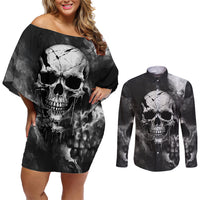 Skull Grunge Pattern Couples Matching Off Shoulder Short Dress and Long Sleeve Button Shirts Warning I'm an Asshole - Wonder Print Shop