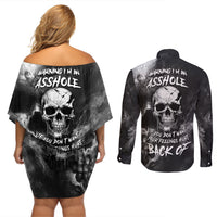 Skull Grunge Pattern Couples Matching Off Shoulder Short Dress and Long Sleeve Button Shirts Warning I'm an Asshole - Wonder Print Shop