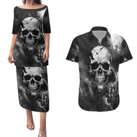 Skull Grunge Pattern Couples Matching Puletasi Dress and Hawaiian Shirt Warning I'm an Asshole - Wonder Print Shop