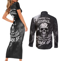 Skull Grunge Pattern Couples Matching Short Sleeve Bodycon Dress and Long Sleeve Button Shirts Warning I'm an Asshole - Wonder Print Shop
