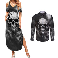 Skull Grunge Pattern Couples Matching Summer Maxi Dress and Long Sleeve Button Shirts Warning I'm an Asshole - Wonder Print Shop