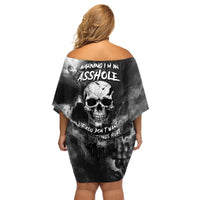 Skull Grunge Pattern Family Matching Off Shoulder Short Dress and Hawaiian Shirt Warning I'm an Asshole - Wonder Print Shop