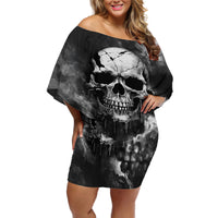 Skull Grunge Pattern Off Shoulder Short Dress Warning I'm an Asshole - Wonder Print Shop