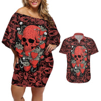Off-shoulder skull & strawberry print dress and Hawaiian shirt set in red