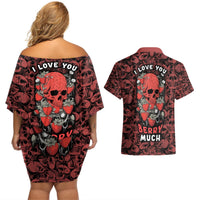 Off-shoulder skull & strawberry print dress with I LOVE YOU, matching Hawaiian shirt BERRY MUCH