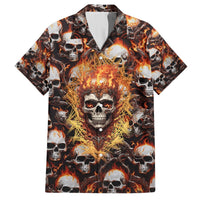 Multicolor flaming skull Hawaiian shirt with all-over skull and flame graphic, button front.