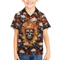 Kids multicolor flaming skull Hawaiian shirt with button front and all-over flame skull print.
