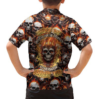 Multicolor flaming skull Hawaiian shirt back with large skull flame graphic, button collar.