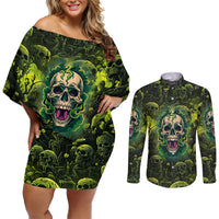 Zombie Skull Couples Matching Off Shoulder Short Dress and Long Sleeve Button Shirts I'm Like Literally Dead - Wonder Print Shop