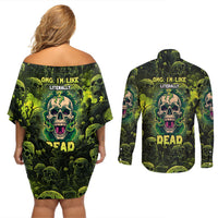 Zombie Skull Couples Matching Off Shoulder Short Dress and Long Sleeve Button Shirts I'm Like Literally Dead - Wonder Print Shop