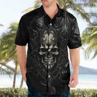 Black Hawaiian shirt with skull demon face graphic, chain links, and flames.