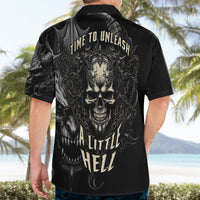 Black Hawaiian shirt; back print reads 'TIME TO UNLEASH A LITTLE HELL'.