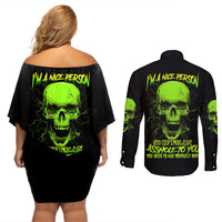 I'm A Nice Person Skull Couples Matching Off Shoulder Short Dress and Long Sleeve Button Shirt - Wonder Print Shop