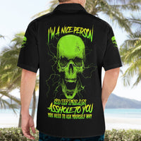Black short-sleeve Hawaiian shirt with neon green skull and slogan on back