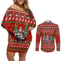 Miniature Schnauzer Family Snow Christmas Couples Matching Off Shoulder Short Dress and Long Sleeve Button Shirt Xmas Holiday Patterns - Wonder Print Shop