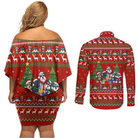Miniature Schnauzer Family Snow Christmas Couples Matching Off Shoulder Short Dress and Long Sleeve Button Shirt Xmas Holiday Patterns - Wonder Print Shop