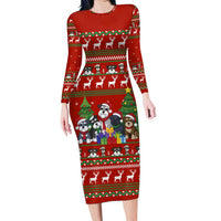 Miniature Schnauzer Family Snow Christmas Long Sleeve Bodycon Dress Xmas Holiday Patterns - Wonder Print Shop