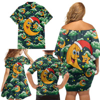 Christmas Moon and Star Family Matching Off Shoulder Short Dress and Hawaiian Shirt Xmas Holiday Patterns - Wonder Print Shop