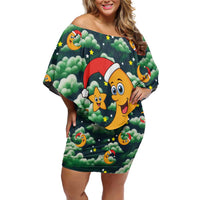 Christmas Moon and Star Family Matching Off Shoulder Short Dress and Hawaiian Shirt Xmas Holiday Patterns - Wonder Print Shop