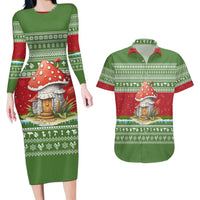 Christmas Mushroom House Couples Matching Long Sleeve Bodycon Dress and Hawaiian Shirt Xmas Holiday Patterns - Wonder Print Shop