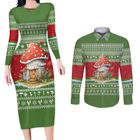 Christmas Mushroom House Couples Matching Long Sleeve Bodycon Dress and Long Sleeve Button Shirt Xmas Holiday Patterns - Wonder Print Shop