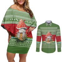 Christmas Mushroom House Couples Matching Off Shoulder Short Dress and Long Sleeve Button Shirt Xmas Holiday Patterns - Wonder Print Shop