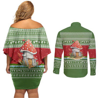 Christmas Mushroom House Couples Matching Off Shoulder Short Dress and Long Sleeve Button Shirt Xmas Holiday Patterns - Wonder Print Shop