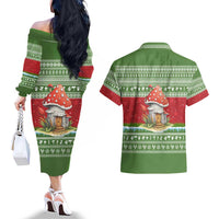 Christmas Mushroom House Couples Matching Off The Shoulder Long Sleeve Dress and Hawaiian Shirt Xmas Holiday Patterns - Wonder Print Shop