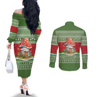 Christmas Mushroom House Couples Matching Off The Shoulder Long Sleeve Dress and Long Sleeve Button Shirt Xmas Holiday Patterns - Wonder Print Shop