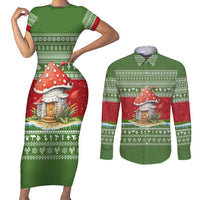 Christmas Mushroom House Couples Matching Short Sleeve Bodycon Dress and Long Sleeve Button Shirt Xmas Holiday Patterns - Wonder Print Shop