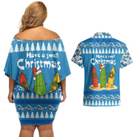 Santa Fist Christmas Couples Matching Off Shoulder Short Dress and Hawaiian Shirt Xmas Holiday Patterns - Wonder Print Shop