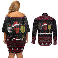 Santa Just Bring Wine Christmas Couples Matching Off Shoulder Short Dress and Long Sleeve Button Shirt Xmas Holiday Patterns - Wonder Print Shop