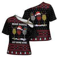 Santa Just Bring Wine Christmas Cross Shoulder Shirt Xmas Holiday Patterns - Wonder Print Shop