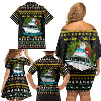 Santa On A Boat Christmas Family Matching Off Shoulder Short Dress and Hawaiian Shirt Xmas Holiday Patterns - Wonder Print Shop