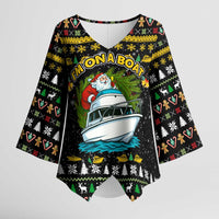 Santa On A Boat Christmas Kimono Sleeve Blouse Xmas Holiday Patterns - Wonder Print Shop