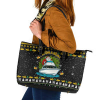 Santa On A Boat Christmas Leather Tote Bag Xmas Holiday Patterns - Wonder Print Shop